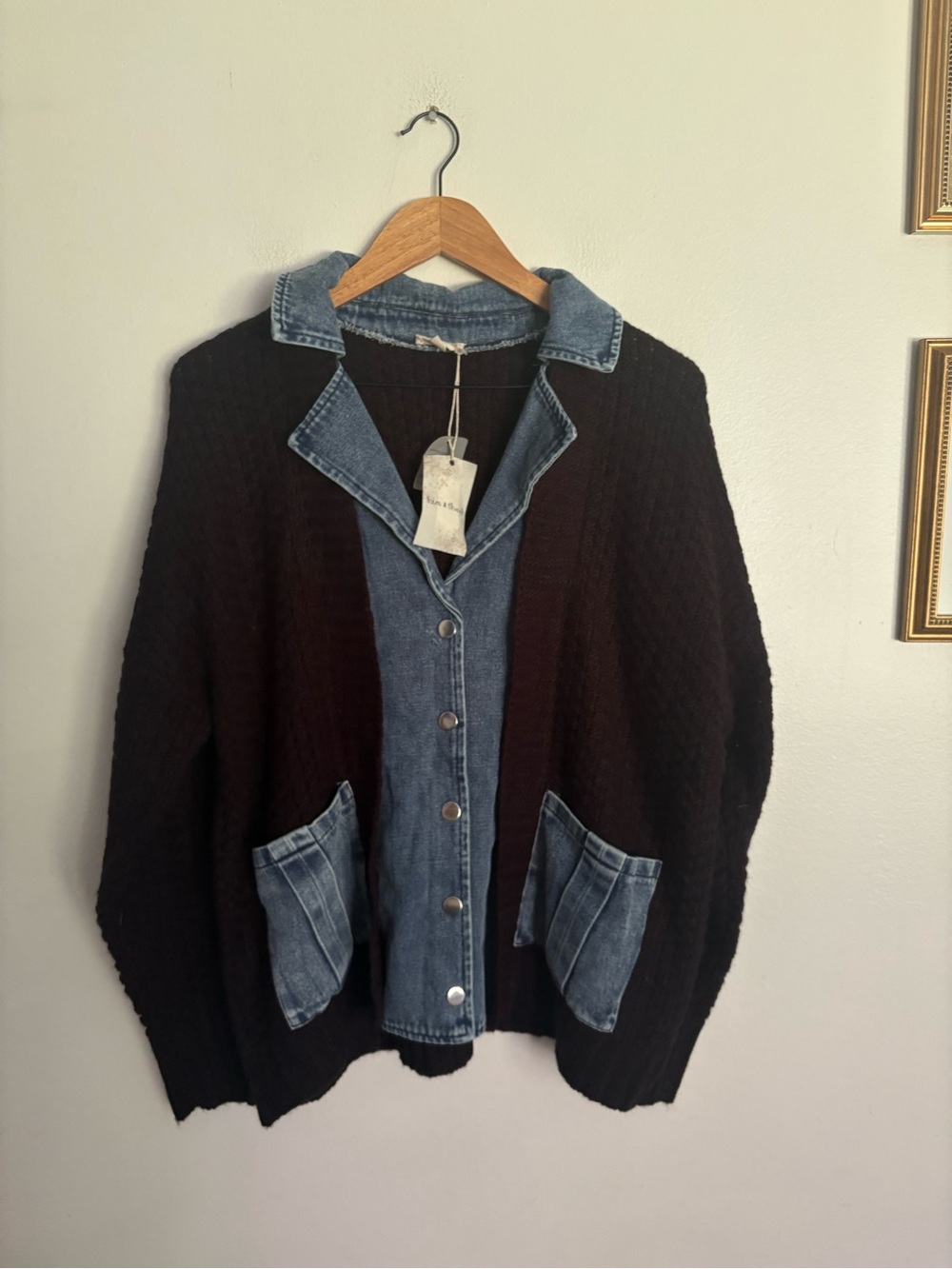 Hem and Thread Black Knit Sweater Denim Trim Cardigan Blazer Chic Women’s Medium